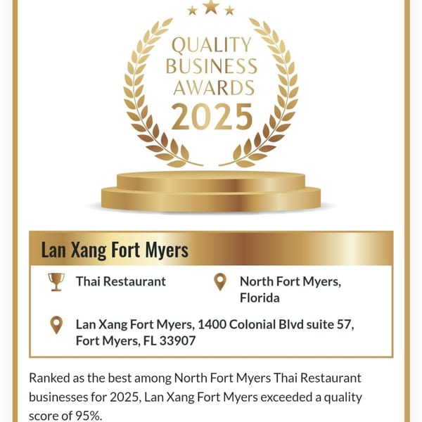 Lan Xang Fort Myers awarded Quality Business Awards 2025 for best Thai restaurant in North Fort Myers.